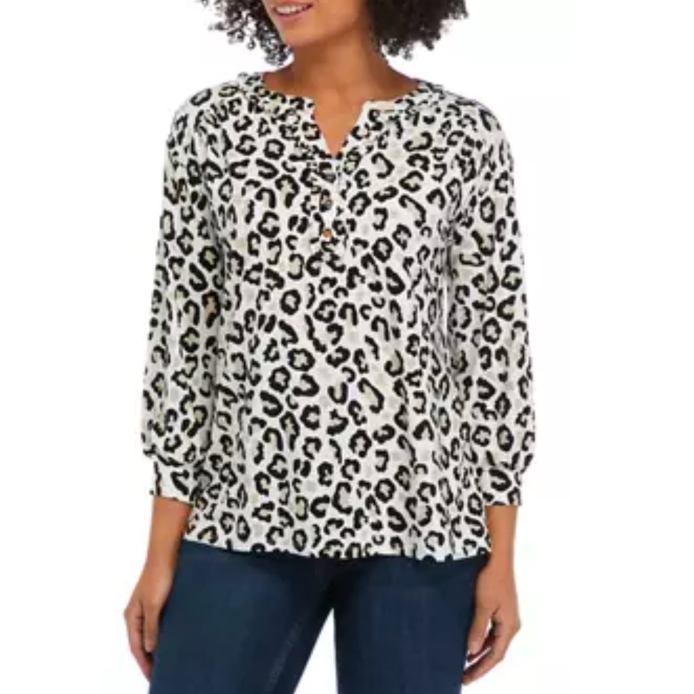 Crown & Ivy Petite Julianna Henley Ruffle Trim Animal Printed Top
